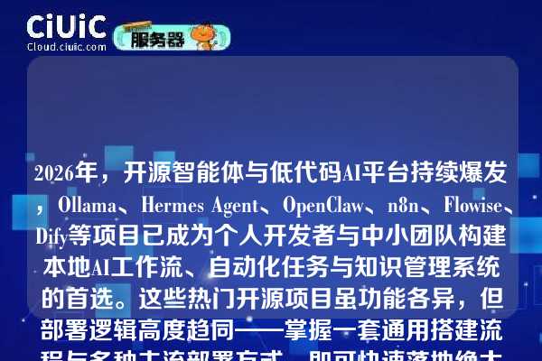2026年，开源智能体与低代码AI平台持续爆发，Ollama、Hermes Agent、OpenClaw、n8n、Flowise、Dify等项目已成为个人开发者与中小团队构建本地AI工作流、自动化任务与知识管理系统的首选。这些热门开源项目虽功能各异，但部署逻辑高度趋同——掌握一套通用搭建流程与多种主流部署方式，即可快速落地绝大多数项目，无需为每个项目重复学习新范式。